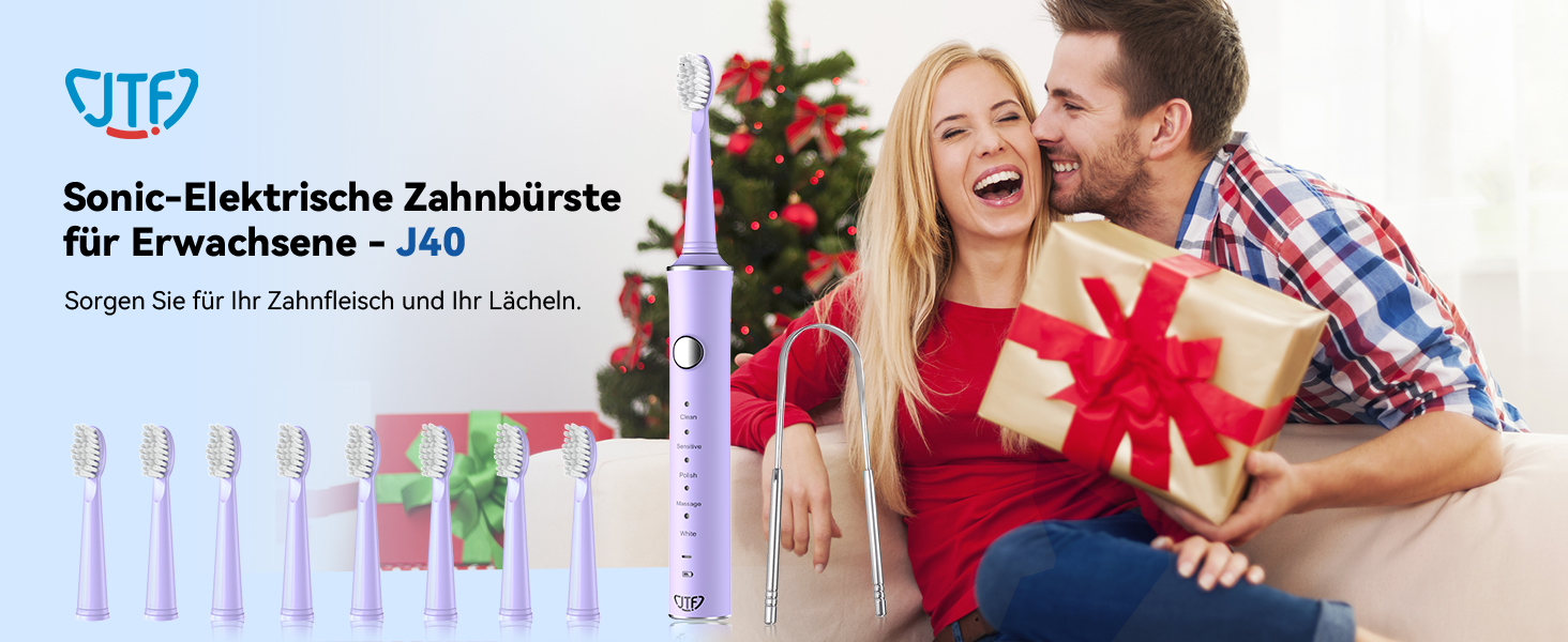 Електрична звукова зубна щітка JTF з очищувачем язика, 8 насадок, 5 режимів, функція пам'яті, таймер 2 хв, IPX7, швидка зарядка 3 год, для дорослих (блакитний) (фіолетовий + очищувач язика)