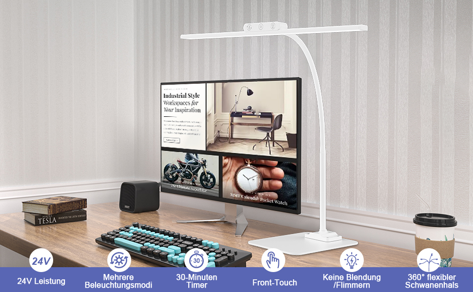 LED Desk Lamp with Adjustable Brightness - 1200 Lumens, Dual Head, Clamp-On for Home Office, Eye Protection, Gooseneck Design, 5 Color Temperature Settings, Metal Base