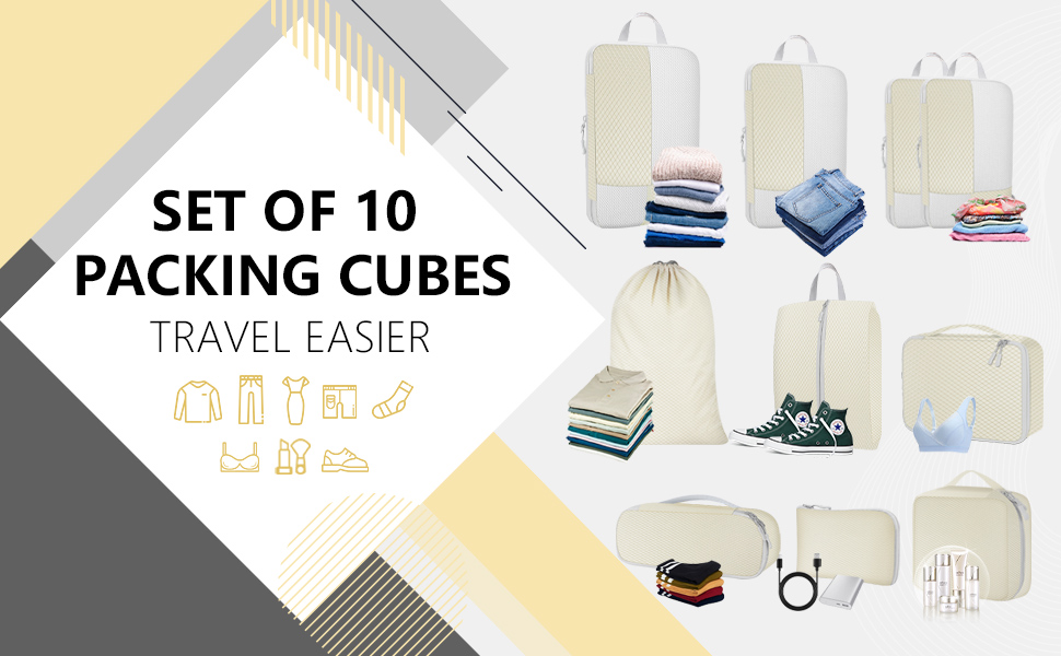 Органайзер для валізи Avmvnvc, набір з 10 штук: пакувальні куби для одягу, компресійні мішечки, органайзер для подорожей з косметичкою, для рюкзака та валізи, чорний (бежевий)