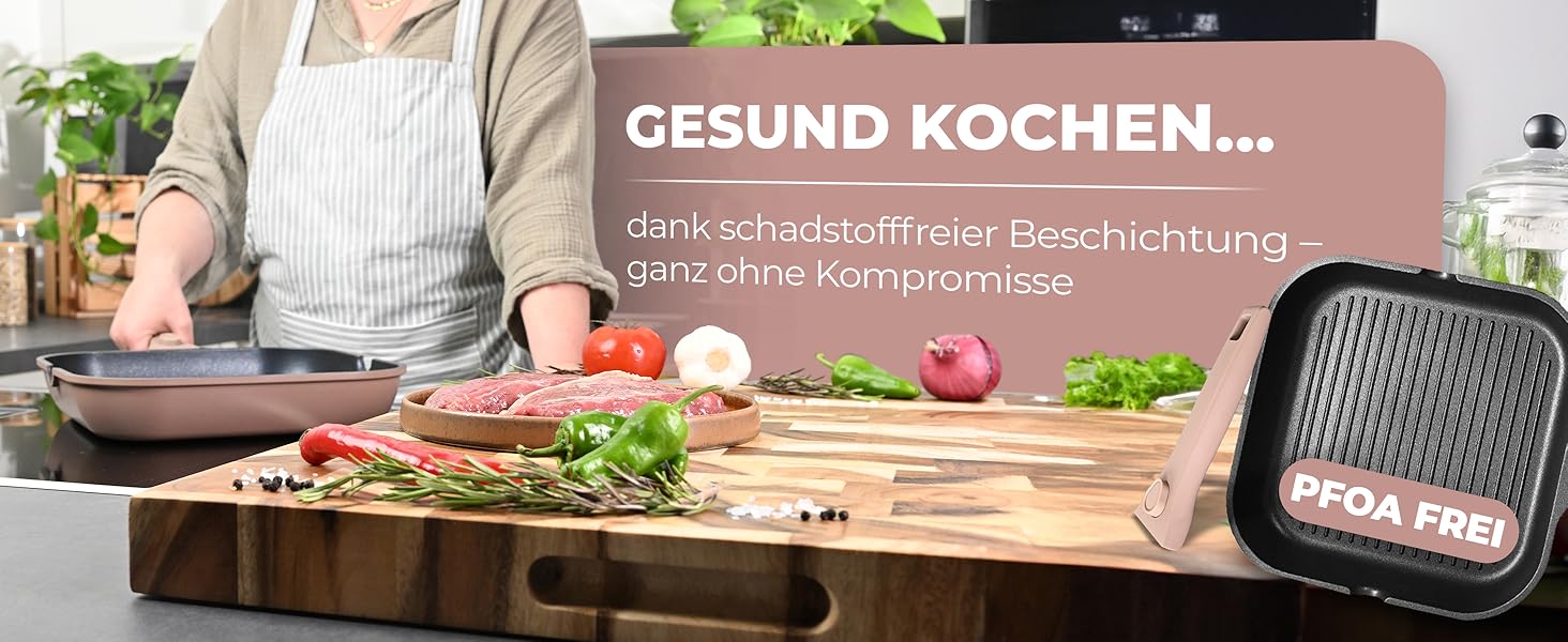 Гриль-сковорода NEU 28 см з виливом та знімною ручкою, антипригарна, без PFOA, для індукції, жаростійка, рожева