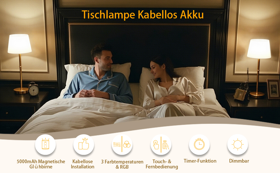 Бездротова настільна лампа з акумулятором 5000mAh, LED, сенсорне управління, RGB, з пультом, для спальні, вітальні, їдальні – (латунь)