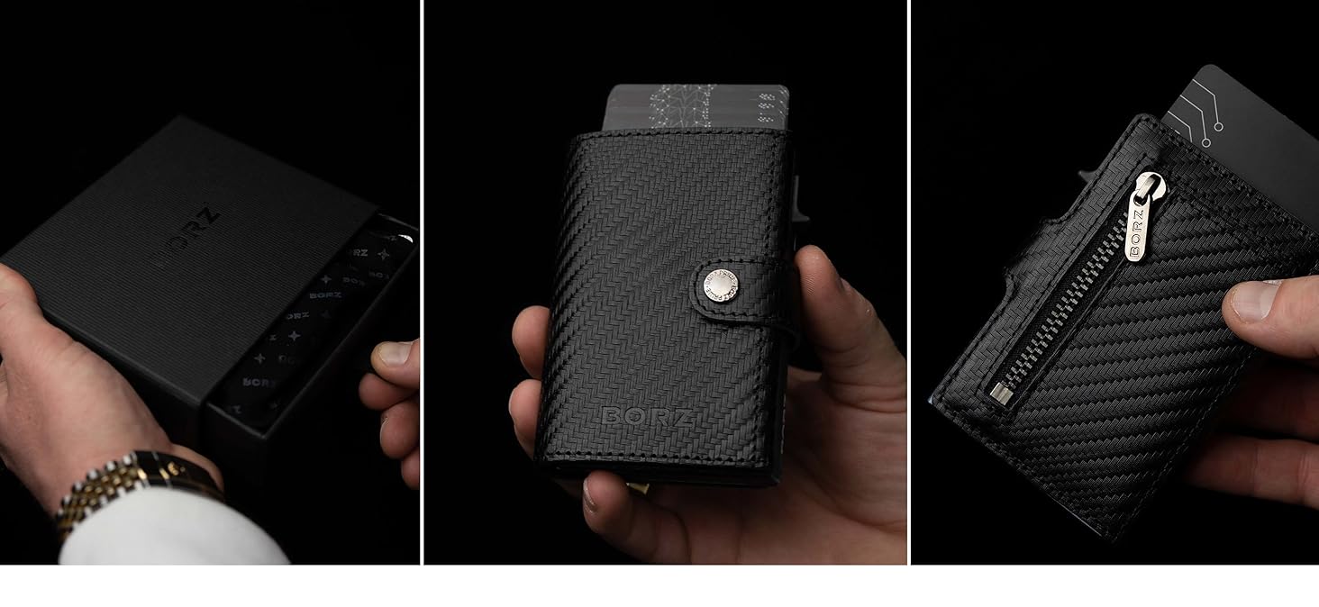 Крутий чохол-картхолдер BORZ Prime для AirTag з відділенням для монет, цифровою візитною карткою, захистом RFID, карбоном та червоною строчкою. Slim, шкіряний, з червоною строчкою.