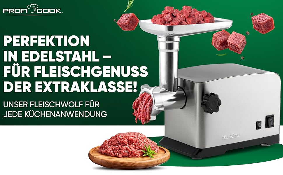 Електричний м'ясорубка ProfiCook PC-FW 1272 з насадкою для печива та ковбасних виробів | 1200W, нержавіюча сталь (2024)