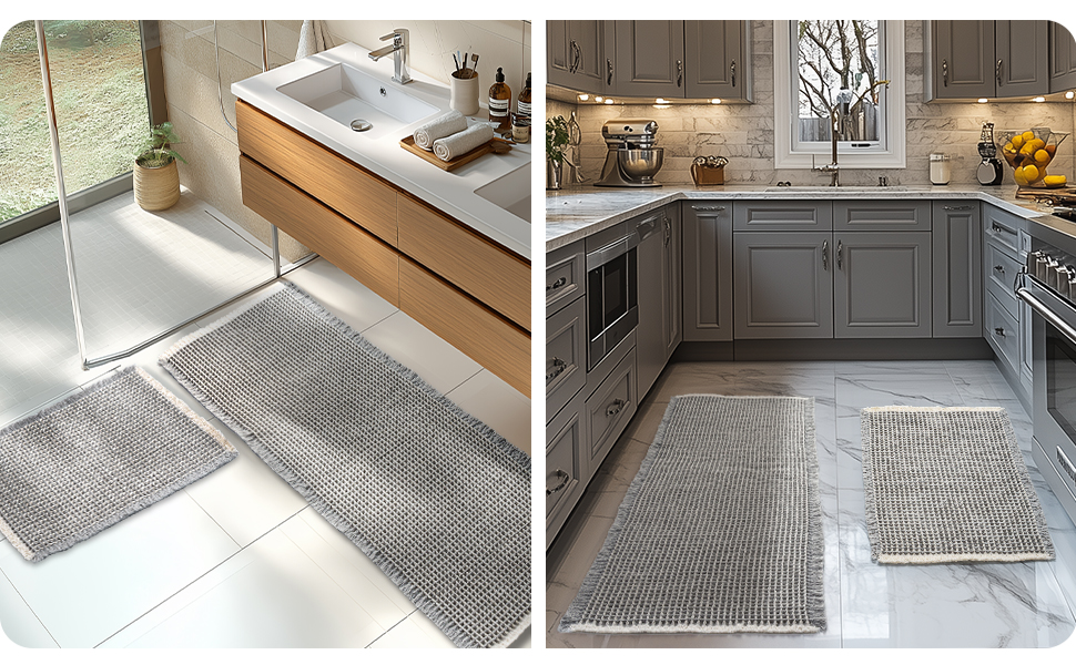 Boho Bathroom Rug Set - Non-Slip Bath Mats (2-Piece) - Washable Shower Rugs for Bathroom, Bedroom, Living Room - 51x120cm + 41x61cm (Gray & White)