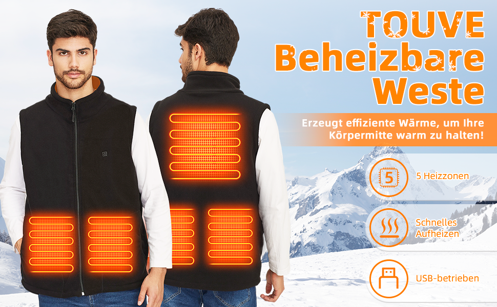 Обогревна жилетка TOUVE для чоловіків та жінок, електрожилетка з поларфлісу, 5 зон обігріву, 3 режими температури, чорний, 2025 (без Powerbank)