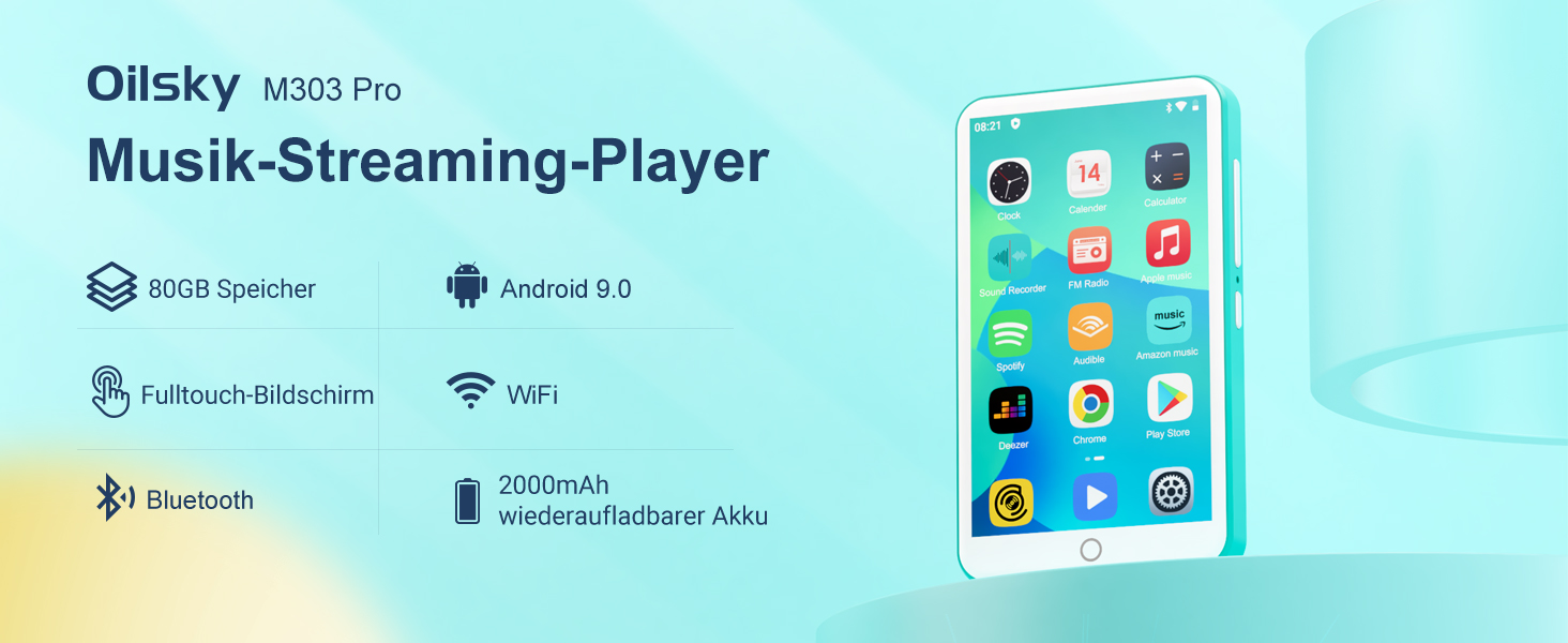 MP3 плеєр Oilsky 80GB з Bluetooth, WiFi, Android 9.0, 4