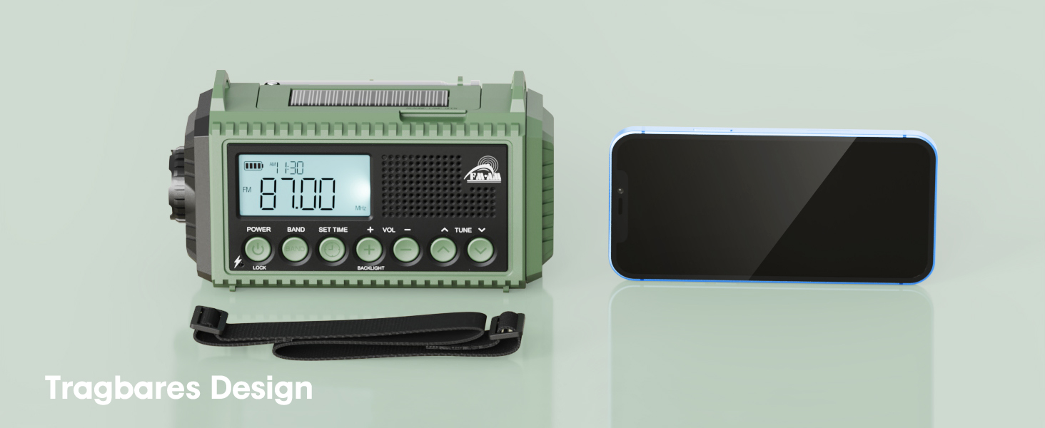 Радіоприймач Kurbelradio на 12000 mAh з ручним заводом, сонячною панеллю та SOS-сигналом. AM/FM/SW радіоприймач з USB-зарядкою, ліхтарик та світло для читання. Ідеально для кемпінгу, надзвичайних ситуацій та відключень електроенергії. Зелений колір.