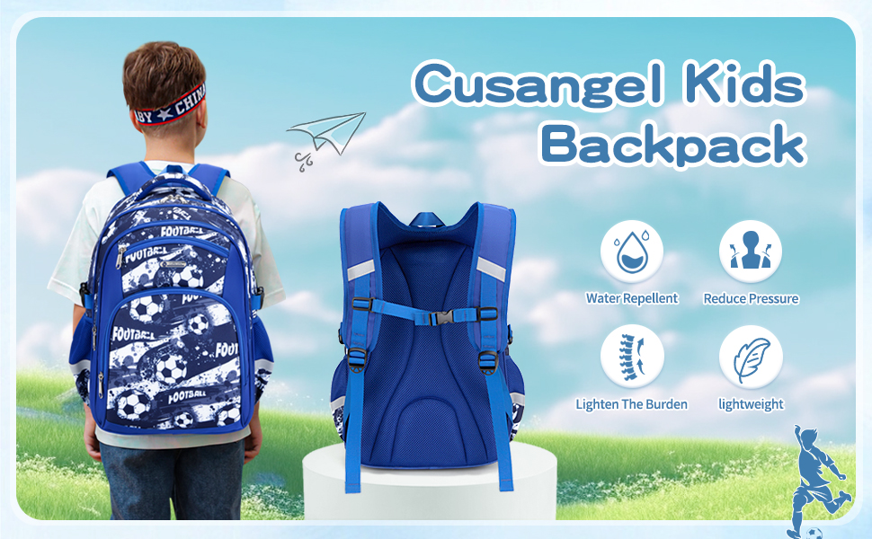 Дитячий рюкзак Cusangel для дівчаток та хлопчиків, ергономічний, регульований, водостійкий, з нагрудним ременем (синій, з футбольною тематикою)