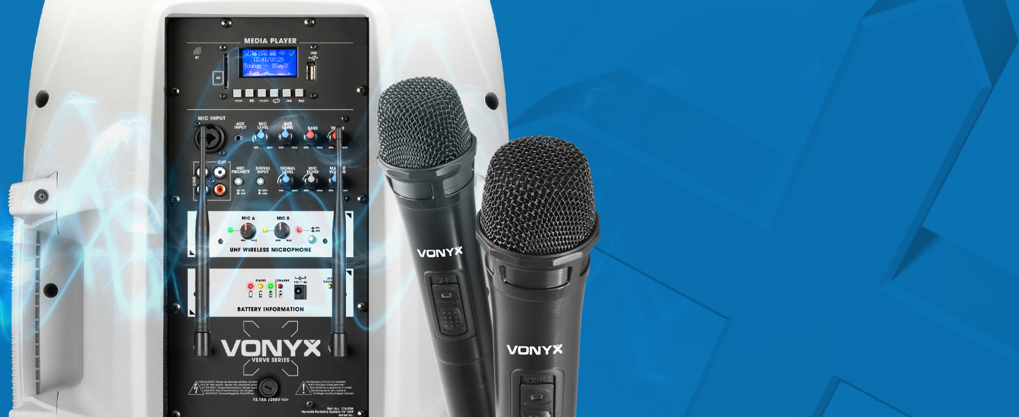 Vonyx Verve46 - портативна акустична система для вечірок з Bluetooth, 1000W, 2 мікрофони UHF, MP3, вбудований акумулятор, пульт ДУ - чорний