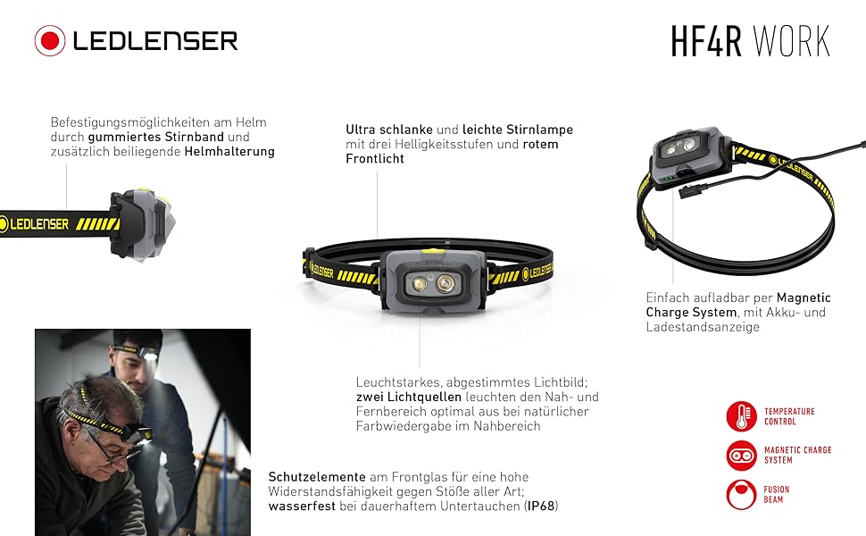 Налобний ліхтар Ledlenser HF4R Work 500 лм, водонепроникний IP68, з червоним світлом, акумуляторний, для outdoor та роботи, чорний/жовтий