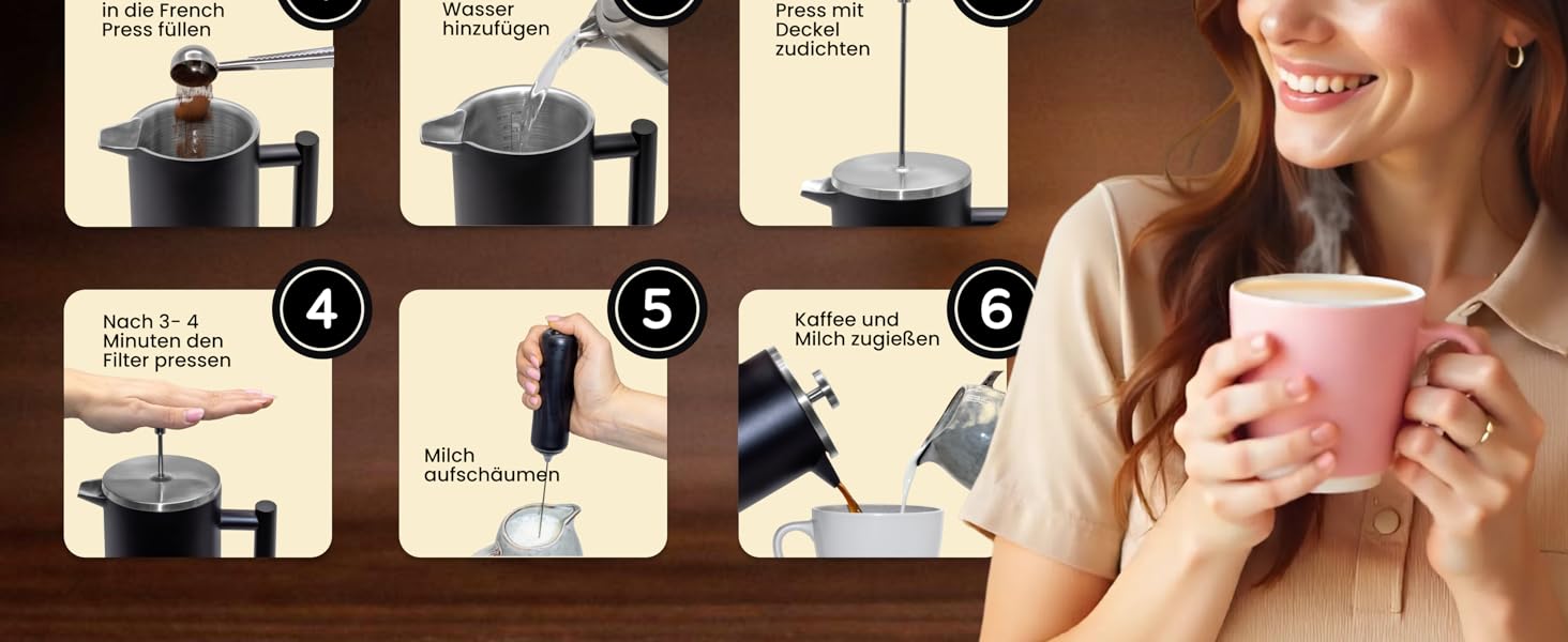 Набір для приготування кави френч-прес, термоізольований, з пітчером для спінювання молока, нержавіюча сталь (чорний, 1 літр)