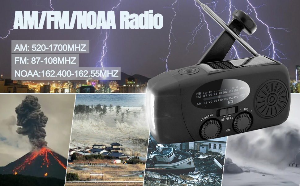 Сонячне радіо з ручним заводом 2000 mAh, AM/FM/NOAA, USB-зарядка, зарядний пристрій для телефону, SOS-сигнал, LED-ліхтарик для кемпінгу та походів (чорний)