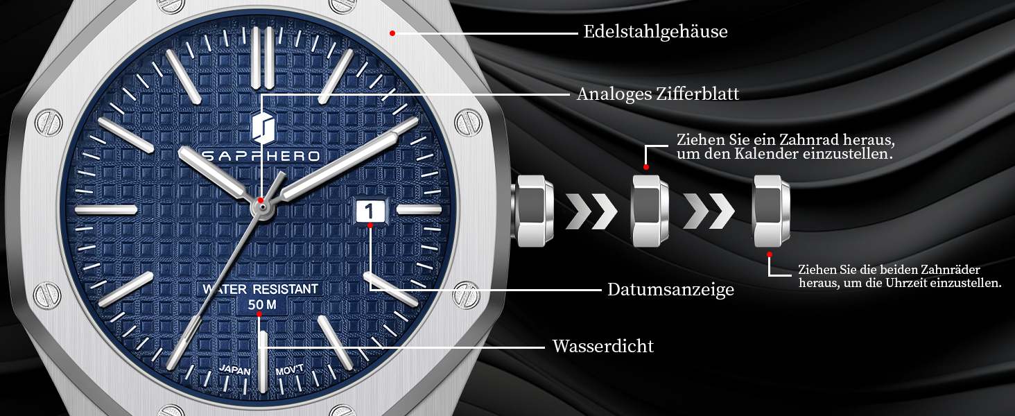 Годинник SAPPHERO чоловічий водостійкий 30M з нержавіючої сталі, восьмигранний, кварцовий, з японським механізмом, бізнес-стиль, з датою, срібно-блакитний