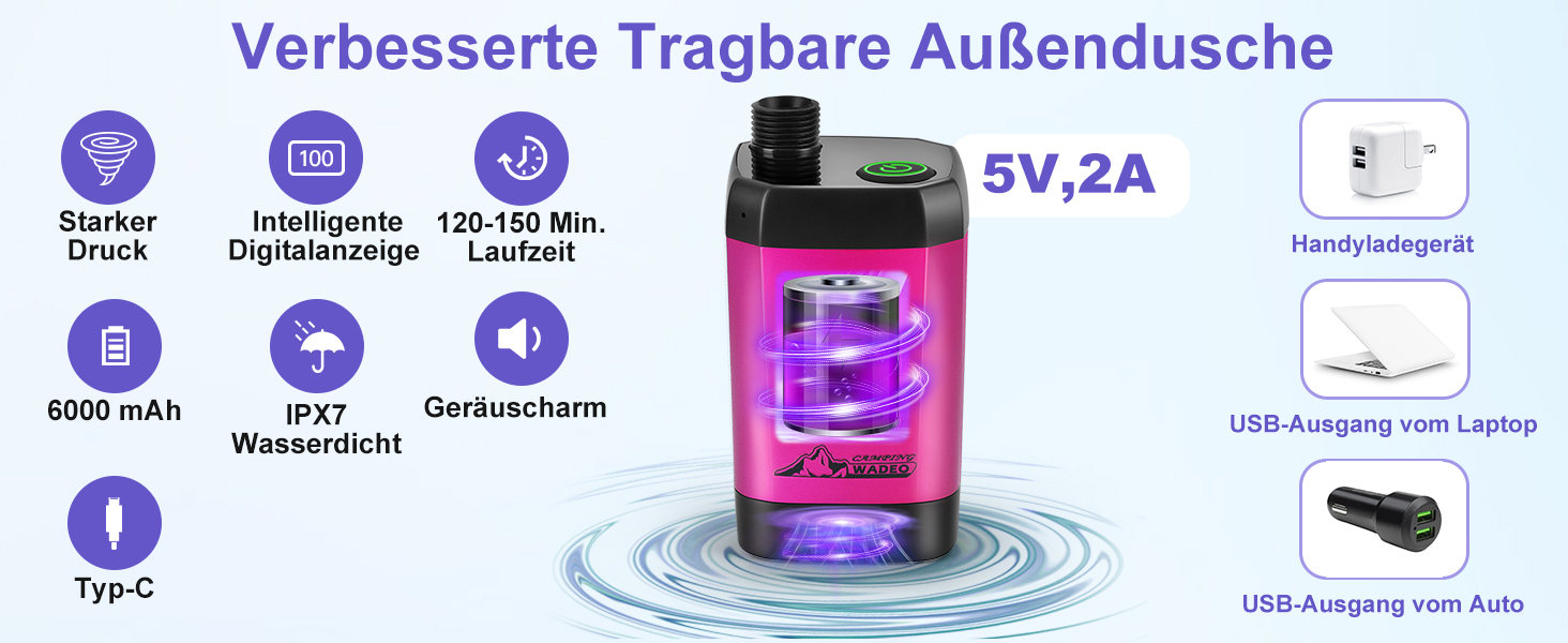 Портативний акумуляторний душ WADEO для кемпінгу з помпою, літієвий 6000 mAh, цифровий дисплей, душова лійка, для подорожей, саду (Ліловий, Type-C)