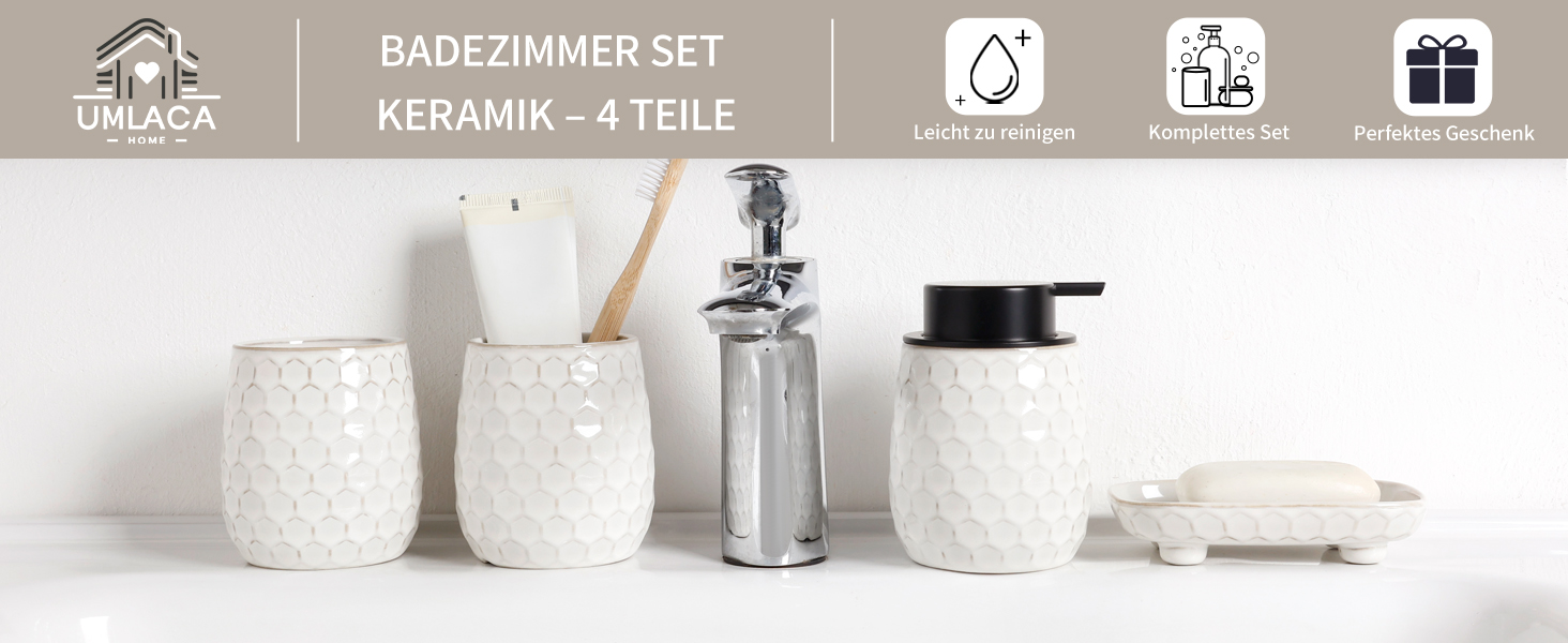Набір для ванної кімнати: органайзер з кераміки (4 шт.) - дозатор мила 400 мл, стакан для зубної щітки, мильниця, декор преміум-якість (бежевий)