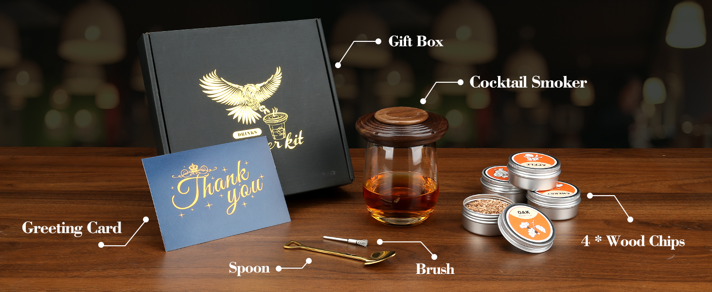 Набір для копчення коктейлів з 4 дерев'яними чіпсами, подарунок на День батька, для віскі, напоїв, кави, бурбона, м'яса та горіхів