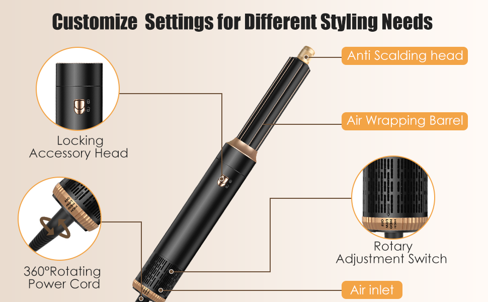 Набір для укладки Journeyside Airstyler: професійна щітка з гарячим повітрям 1000W, 5 насадок, автоматичний локонгібітор, випрямляч, для створення об'єму, локонів та випрямлення волосся, чорний
