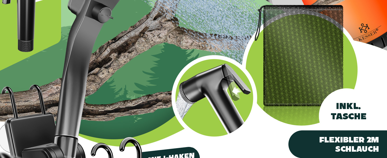Соняшний душ KESSER® з насосом та акумулятором 8000mAh. Комплект для кемпінгу: 20л бак, регульована насадка, 2м шланг, пістолет-пульверизатор та кріплення.