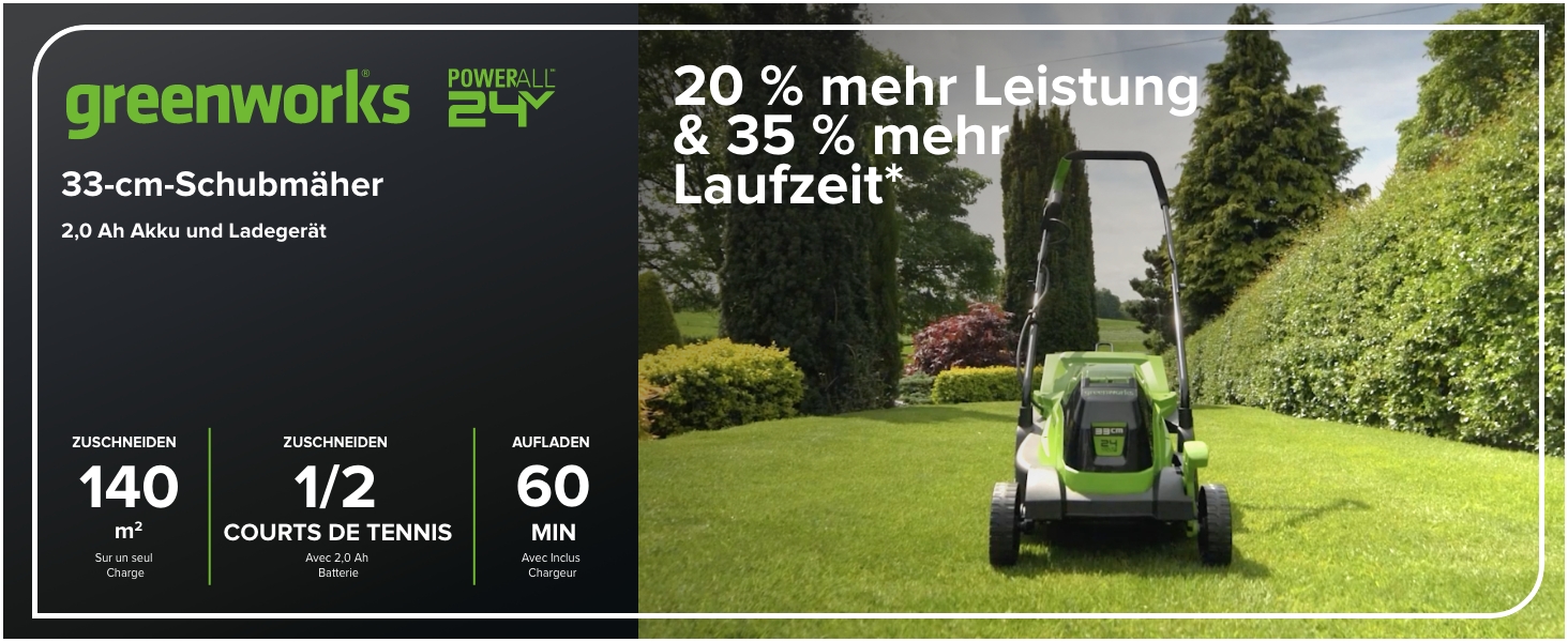 Акумуляторна газонокосарка Greenworks 24V, безщітковий двигун, 33 см, для газонів до 140 м², 30-літровий травозбірник, комплект з акумулятором і зарядним, 3 роки гарантії