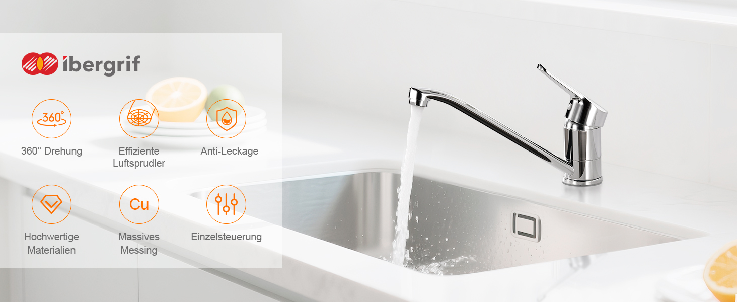 Змішувач для кухні Ibergrif M14450 з поворотним виливом 360°, керамічною картриджі та шлангами 40 см, хром/нержавіюча сталь