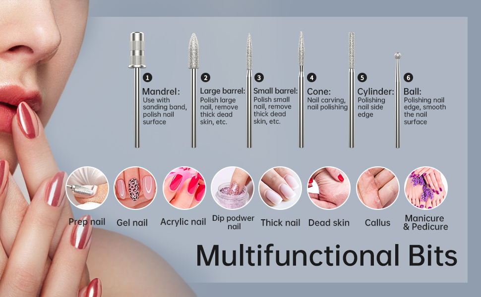 Електрична нігтьова фрезер Kredioo з LED-дисплеєм та 6 насадками для гель та акрил (35000 об/хв)