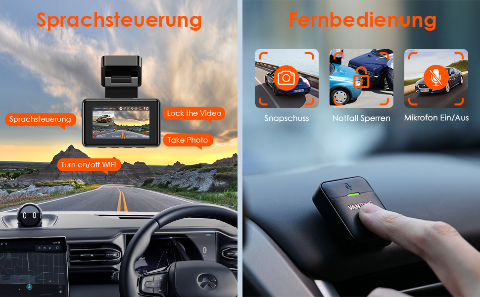 Відеореєстратор VANTRUE E2 Dual 2.7K+2.7K з GPS, WiFi та пультом керування. Подвійний об'єктив, нічне бачення, паркувальний режим, G-сенсор, підтримка карт пам'яті до 512GB