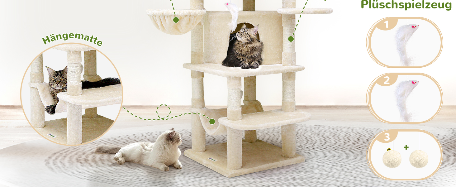 Дім-когтеточка Globlazer для котів, великий кутовий, 167 см, бежевий, для 3-4 котів, з будиночком, гамаком, платформою та кошиком