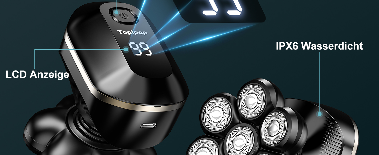 Машинка для гоління голови Glatzen Herren 7D, водонепроникна, для сухого та вологого гоління, з LED дисплеєм, Type-C, чорна