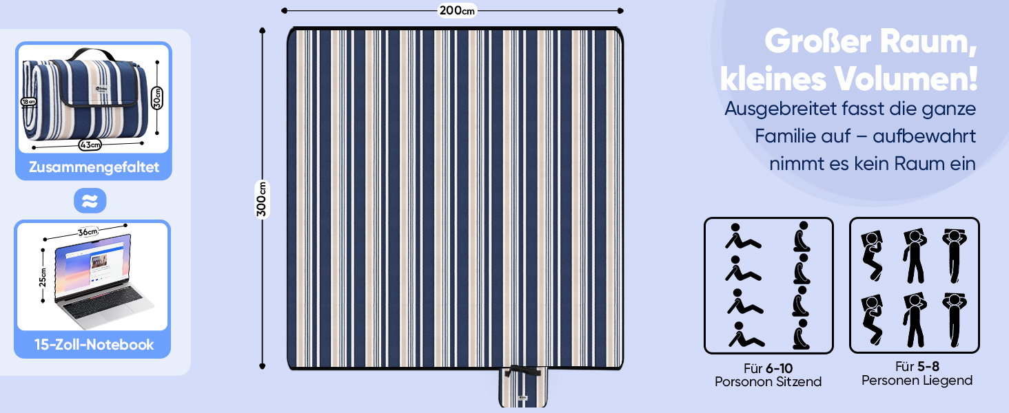 Плед для пікніка Sekey 200x200 см, водовідштовхувальний, для пляжу, кемпінгу, з PEVA-підкладкою, блакитно-біло-бежевий в смужку
