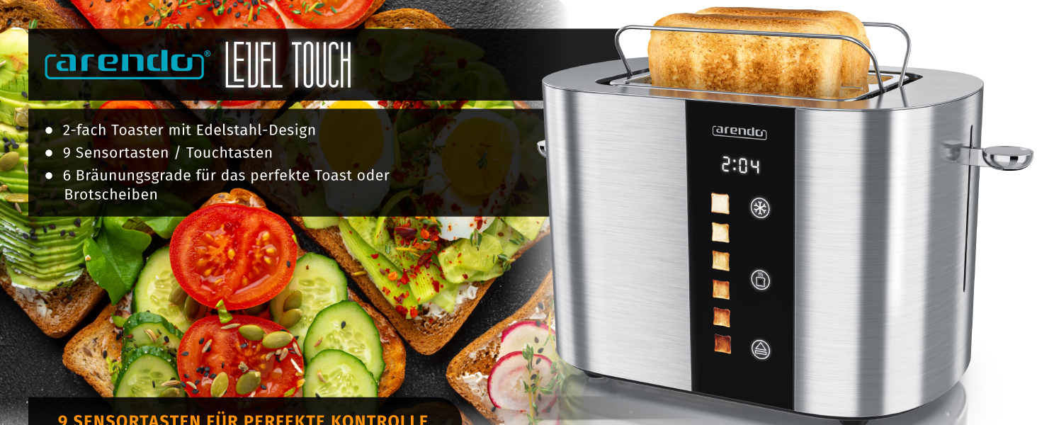 Тостер Arendo з нержавіючої сталі, 2 відділення, сенсорний дисплей, 800 Вт, підставка для булочок, 6 рівнів підсмажування, центрування хліба, таймер, пам'ять (C: Steelsilver)