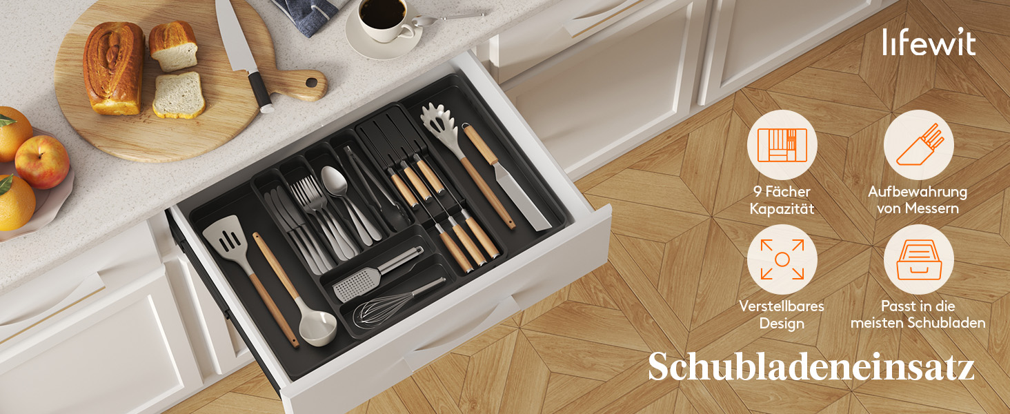 Органайзер для столових приборів Lifewit в шухляду, розсувний, з відділенням для ножів (40 см), чорний