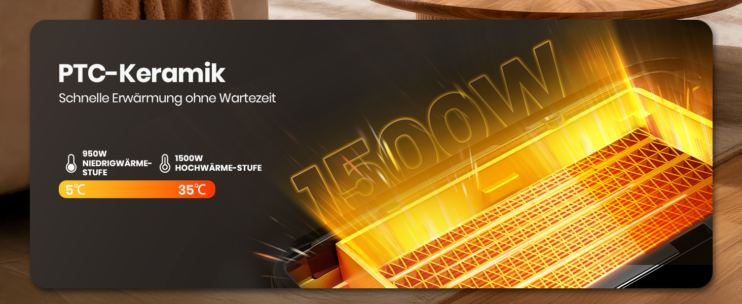 Електричний обігрівач 1500W з PTC керамічним нагрівачем, тихий, з термостатом та пультом дистанційного керування, ECO режим, 70° осциляція, 12h таймер, захист від перегріву та перекидання, чорний, 26 см