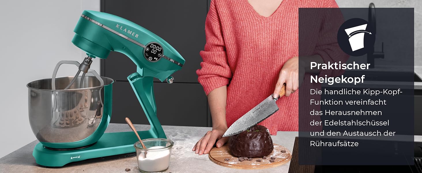 KLAMER 1800W Stand Mixer - Stainless Steel Bowl 6L, 10 Speed with Timer, Planet Mixing Action, Dough Hook, Whisk & Beater - Turquoise