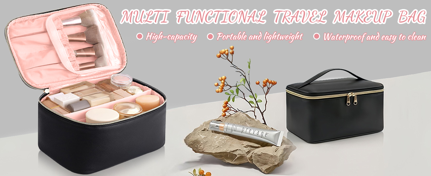 Велика косметичка для жінок, дорожня косметичка з відділеннями, шкіряна, чорна. Водостійка косметичка для макіяжу та аксесуарів.