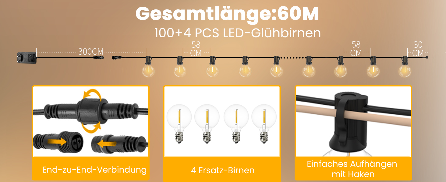 Ланцюжок прикрас Yuusei LED з 100+4 лампочками, тепле біле світло, IP45, 60м (2x30м), для саду, балкону, вечірки