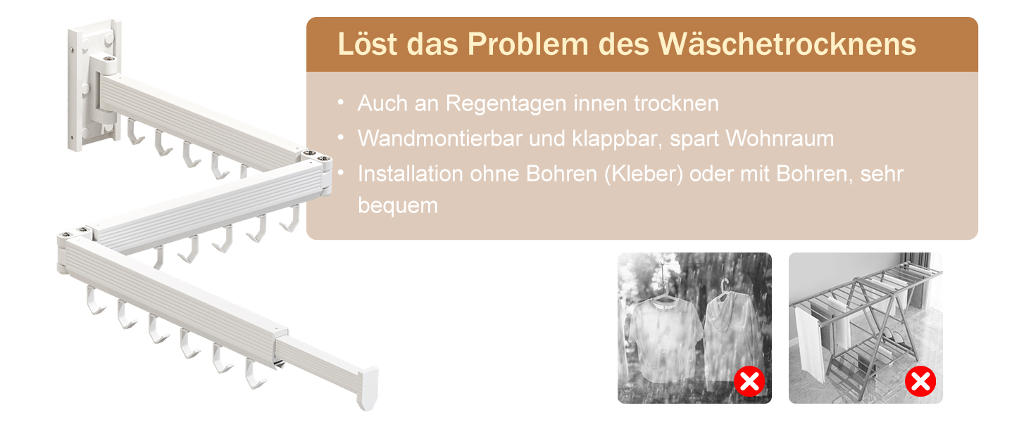 Настінна сушилка для білизни розкладна та складна, з алюмінію, 100 кг, білі гачки