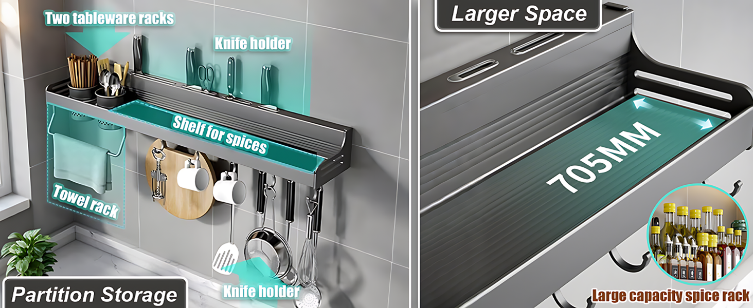 Настінна полиця для спецій, органайзер без свердління, полиці для спецій, тримач для спецій на клейкій основі, металева полиця для кухні, 50 см, сірий