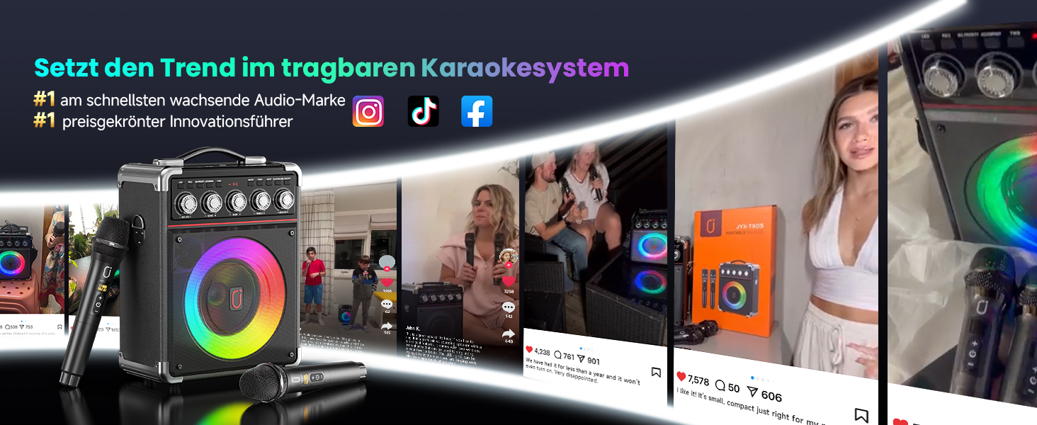 Караоке машина JYX з 2 бездротовими мікрофонами, портативна караоке система з підсвіткою RGB для дорослих та дітей - портативна Bluetooth караоке-бокс з мікрофоном та PA-динаміком, чорний Tx05