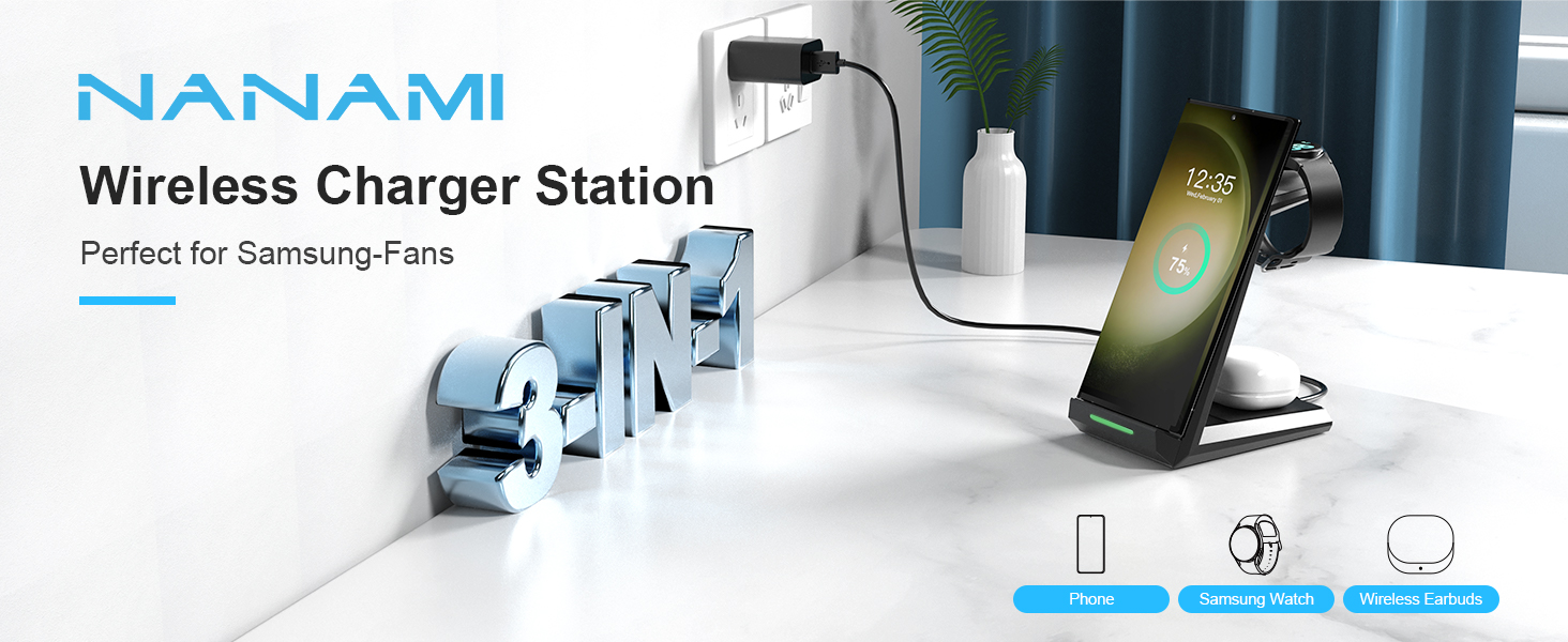 Зарядний пристрій NANAMI 3-в-1 для Samsung Galaxy Watch, Buds та смартфонів S25, S24, S23, Z Flip, Z Fold (чорний)