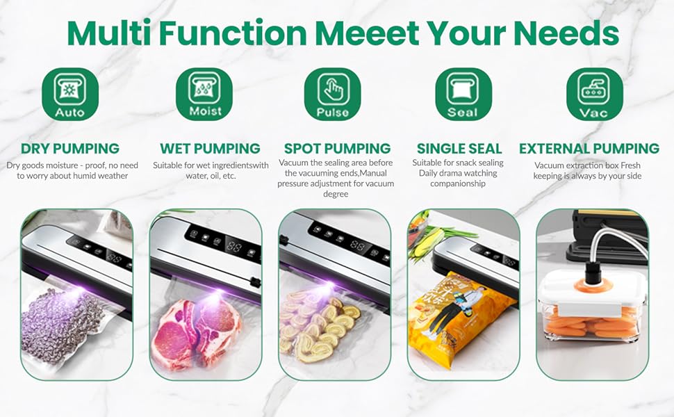 Професійний вакуумний пакувальник 6-в-1 для продуктів харчування з 50 пакетами та шлангом, 75Kpa, автоматичне закриття з різаком та цифровим таймером