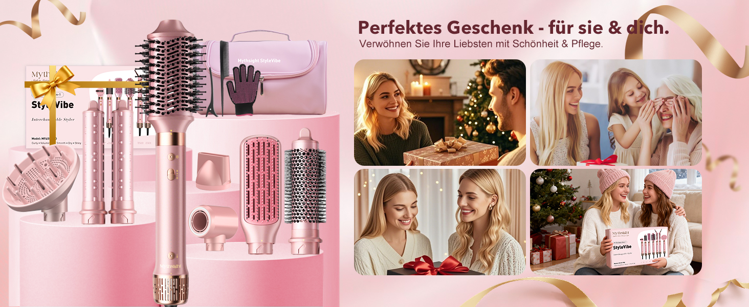 8-в-1 Airstyler: Фен-щітка для волосся з автоматичною насадкою для локонів, етикеткою Pink. Швидке сушіння, об'єм та без пошкоджень. У комплекті сумка для подорожей.