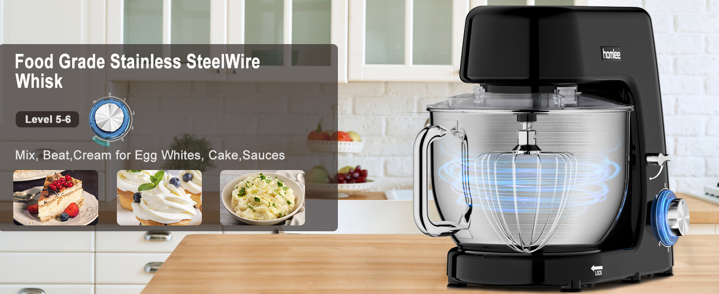 Кухонна машина-міксер 1800W з чашею 7.2L з нержавіючої сталі, 6 швидкостей, низький шум, мультифункціональна (міксер, гак для тіста, вінчик), з кришкою, чорний