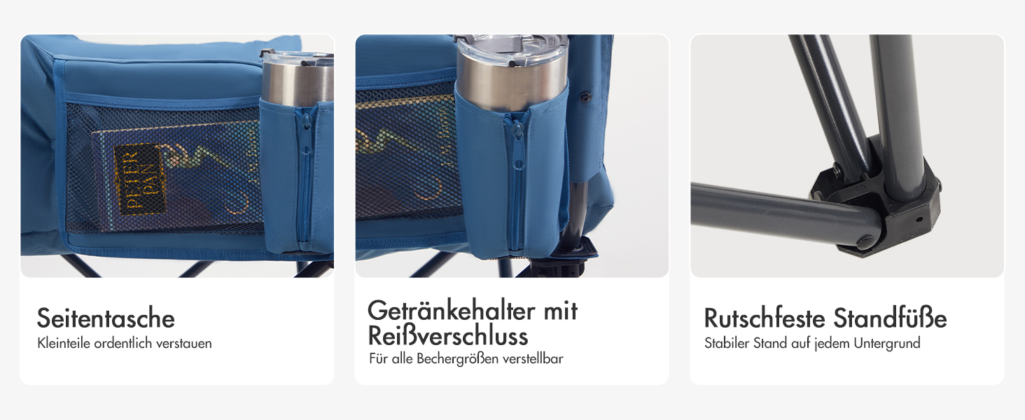 Крісло для кемпінгу складне, XXL, з підлокітниками, 150 кг, блакитне