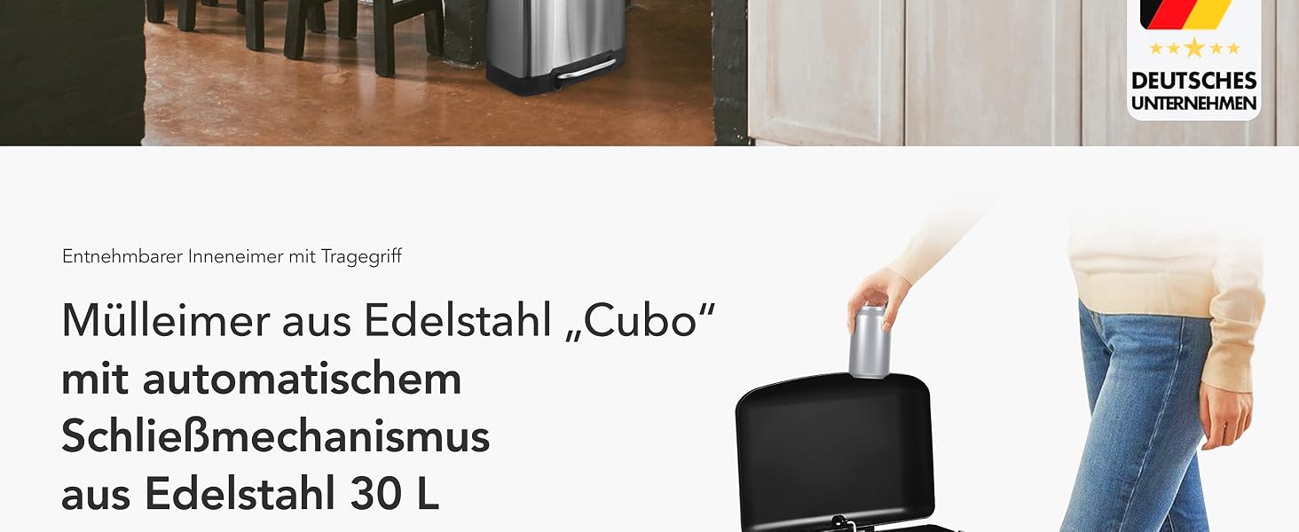 Сміттєвий відро Floordirekt Cubo з нержавіючої сталі 30 л, педальний кошик з плавним закриванням та внутрішнім відром для кухні та ванної кімнати, сріблястий