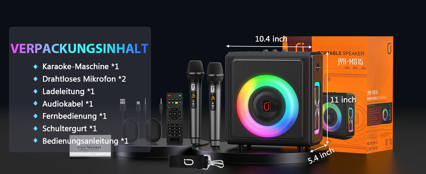 Караоке машина портативна Bluetooth 5.3 з 2 мікрофонами для дорослих, PA-система з корекцією тону та ехо, підтримка TWS/TF-карти/USB/AUX, для домашніх вечірок, чорний колір