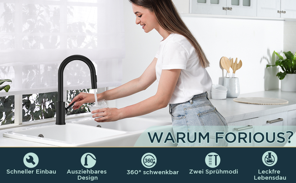Кран кухонний FORIOUS чорний з висувною лійкою, поворотний на 360°, матовий, для кухні