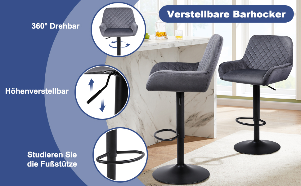 Ralex Velvet Bar Stools 2-Pack - Adjustable Swivel Bar Chairs with Backrest & Armrests for Kitchen, Bar & Counter (Gray)