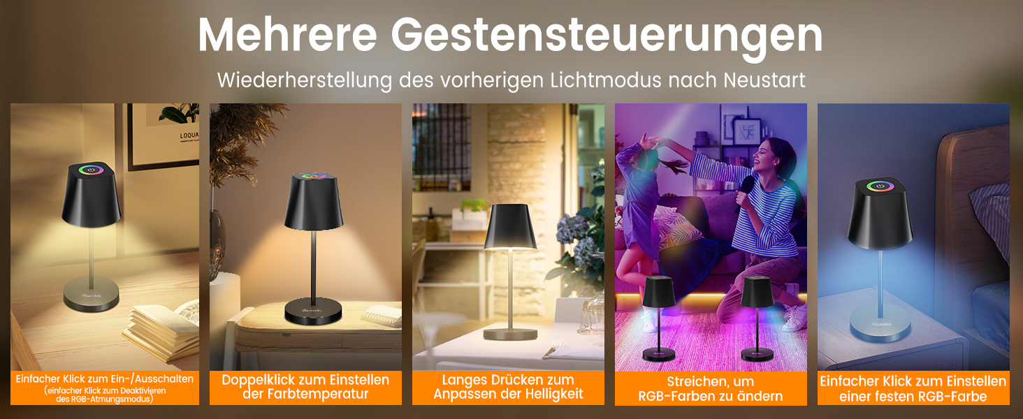 LED настільна лампа Quntis бездротова, торцева, з регулюванням яскравості, акумуляторна, USB, 3000K-5000K, IP44, для дому та вулиці, чорна (2, 3 колірні температури + RGB)