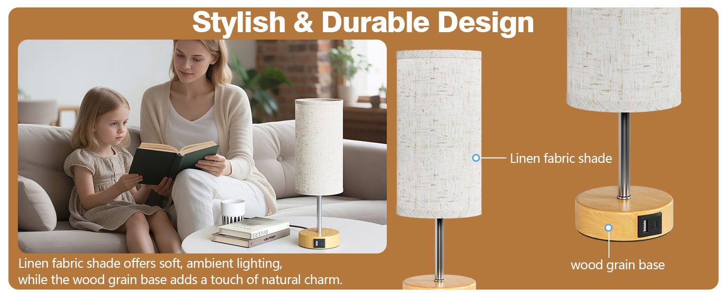 Нічна лампа UPXNBOR з USB-A та USB-C зарядкою, торшер з сенсорним керуванням та 3 рівнями тепла, для спальні та вітальні (E27 лампочка в комплекті), тканинний абажур