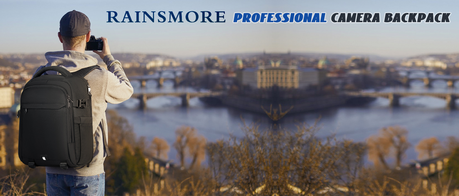 Рюкзак для фотокамери RAINSMORE з відділенням для ноутбука 14 дюймів, чорний, з дощовиком. Підходить для Canon, Nikon, Sony (DSLR, SLR)